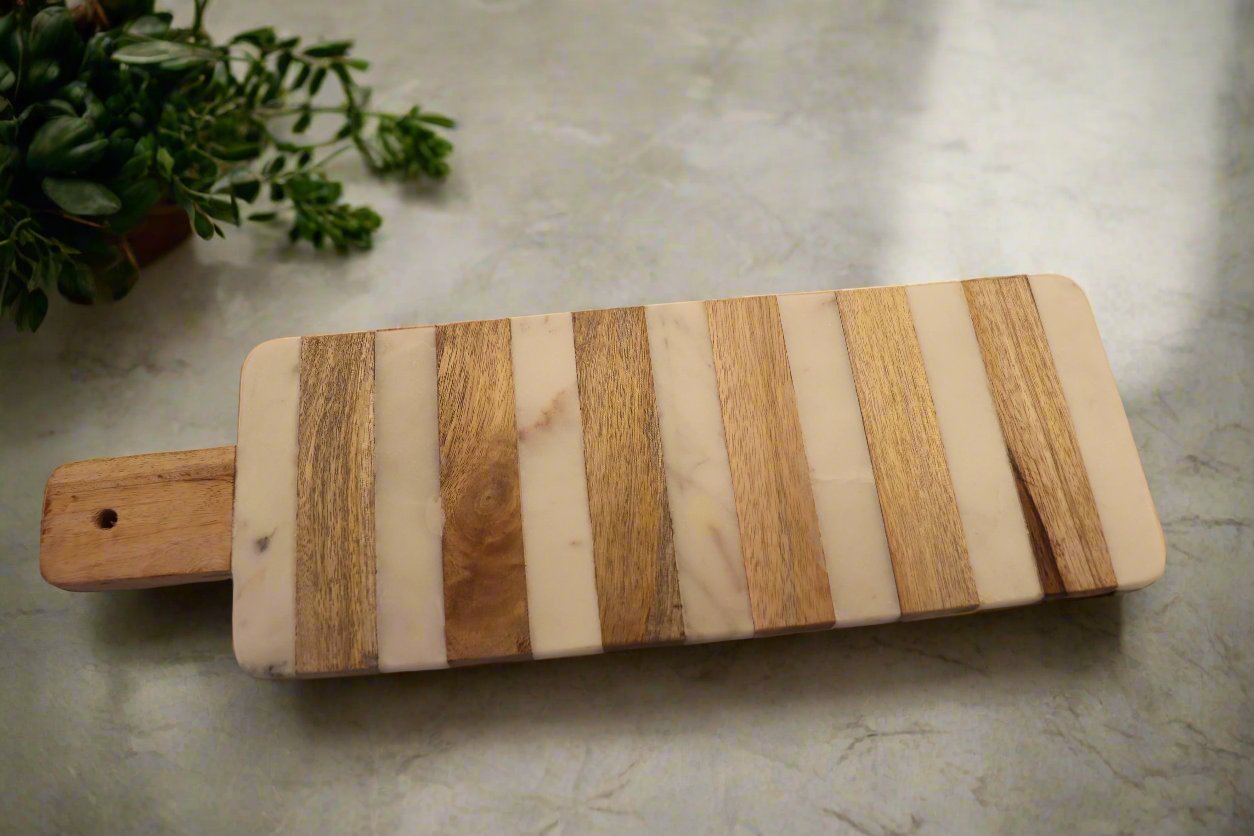 Striped Mango Wood and Marble Serving Board