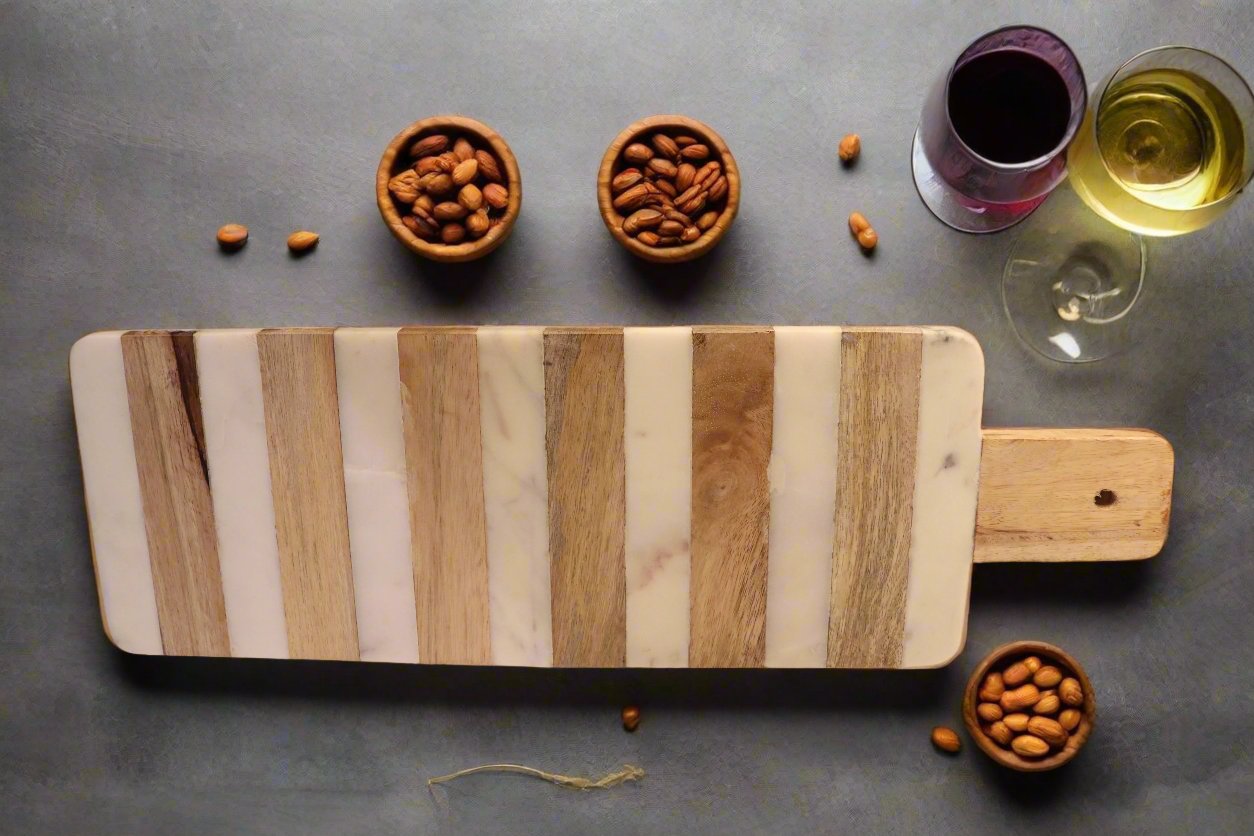 Striped Mango Wood and Marble Serving Board