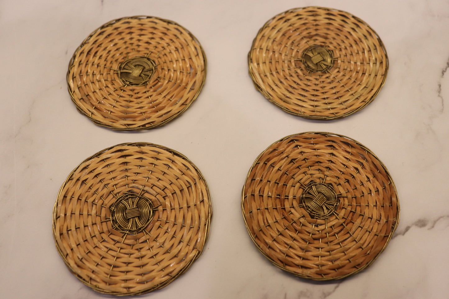 Round Cane and Brass Coasters (Set of 4)