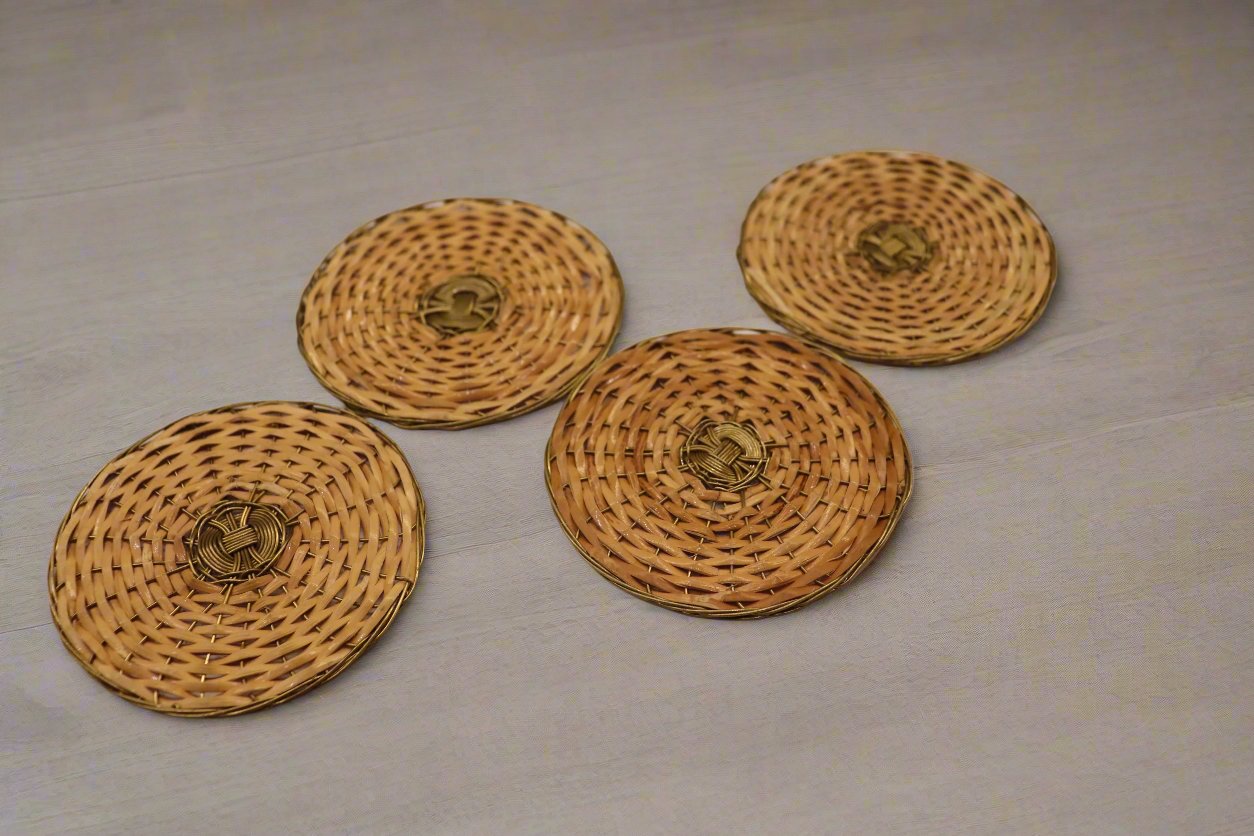 Round Cane and Brass Coasters (Set of 4)