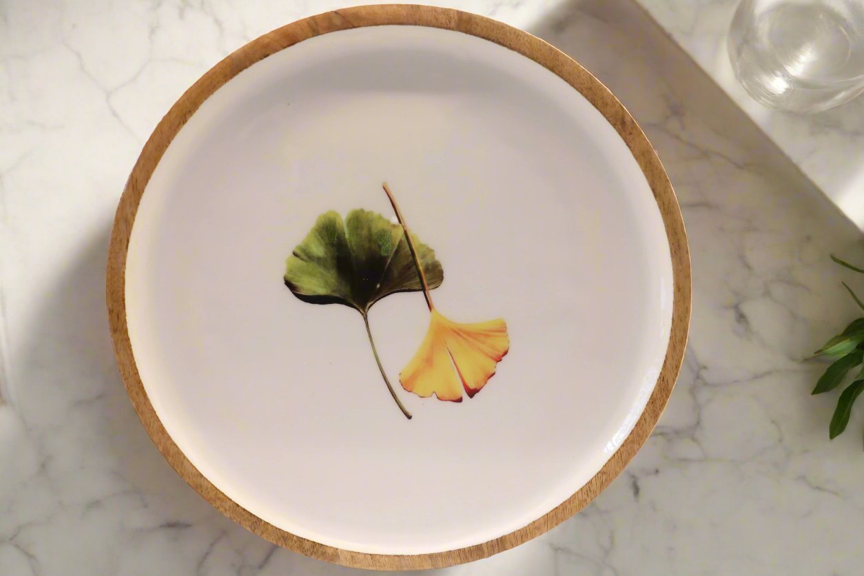 Ginkgo Patterned Wooden Round Serving Platter