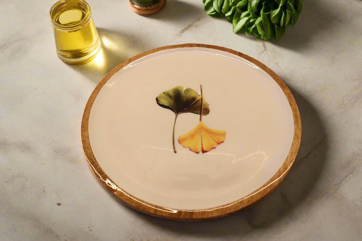 Ginkgo Patterned Wooden Round Serving Platter