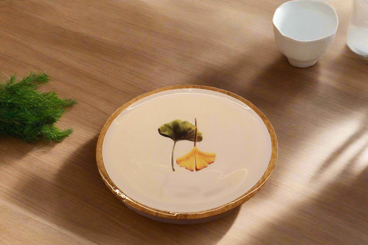 Ginkgo Patterned Wooden Round Serving Platter